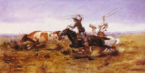 Charles M Russell O.H.Cowboys Roping a Steer oil painting image